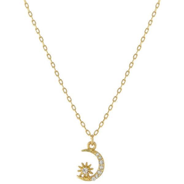 Cubic Zirconia Moon & Star Pendant Necklace in Gold-Plated Sterling Silver, 16