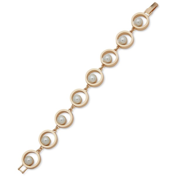 Gold-Tone Imitation Pearl Circle Link Bracelet