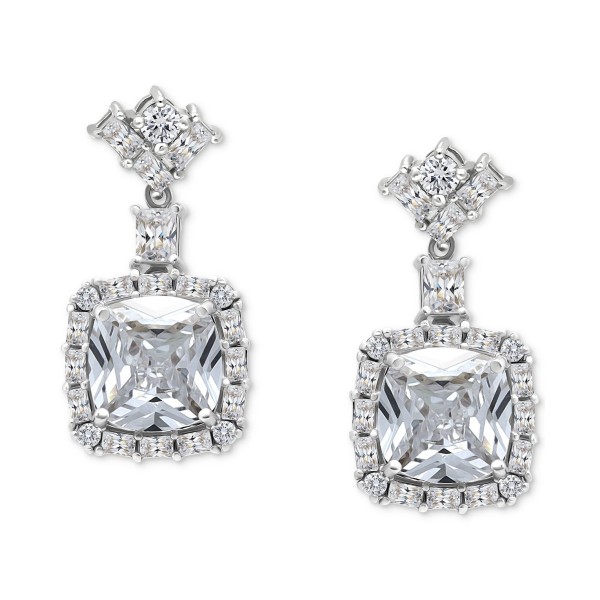 Cubic Zirconia Cushion Halo Drop Earrings in Sterling Silver