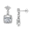 Cubic Zirconia Cushion Halo Drop Earrings in Sterling Silver