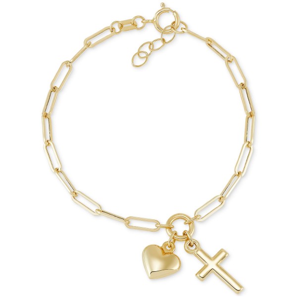 Children's Cross & Heart Paperclip Link Charm Bracelet in 14k Gold