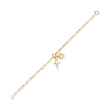 Children's Cross & Heart Paperclip Link Charm Bracelet in 14k Gold Children's Cross & Heart Paperclip Link Charm Bracelet in 14k Gold