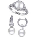 2-Pc. Set Cultured Freshwater Pearl (8-9mm) & Cubic Zirconia Dangle Hoop Earrings & Halo Ring in Sterling Silver