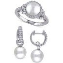 2-Pc. Set Cultured Freshwater Pearl (8-9mm) & Cubic Zirconia Dangle Hoop Earrings & Halo Ring in Sterling Silver 2-Pc. Set Cultured Freshwater Pearl (8-9mm) & Cubic Zirconia Dangle Hoop Earrings & Halo Ring in Sterling Silver
