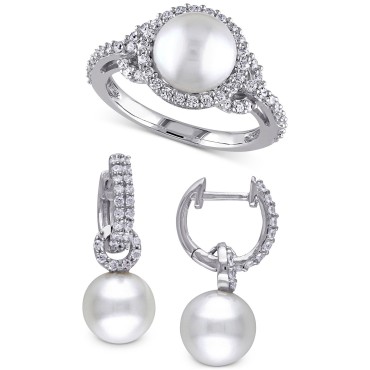 2-Pc. Set Cultured Freshwater Pearl (8-9mm) & Cubic Zirconia Dangle Hoop Earrings & Halo Ring in Sterling Silver 2-Pc. Set Cultured Freshwater Pearl (8-9mm) & Cubic Zirconia Dangle Hoop Earrings & Halo Ring in Sterling Silver