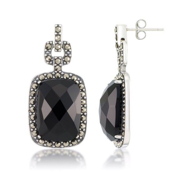 Marcasite and Faceted Onyx Square Post Earrings in Sterling Silver