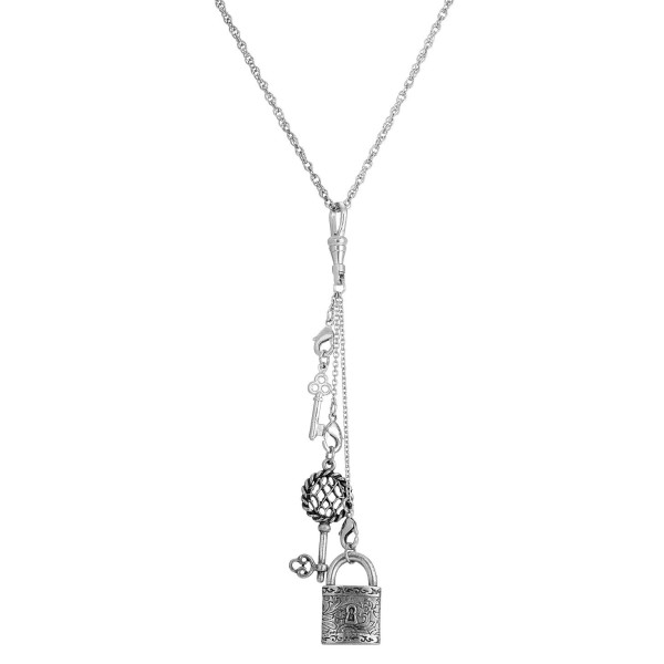 Silver-Tone Multi Charm Key Lock Chain Necklace