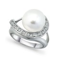 Imitation Pearl and Pave Cubic Zirconia Swirl Wrap Ring in Silver Plate