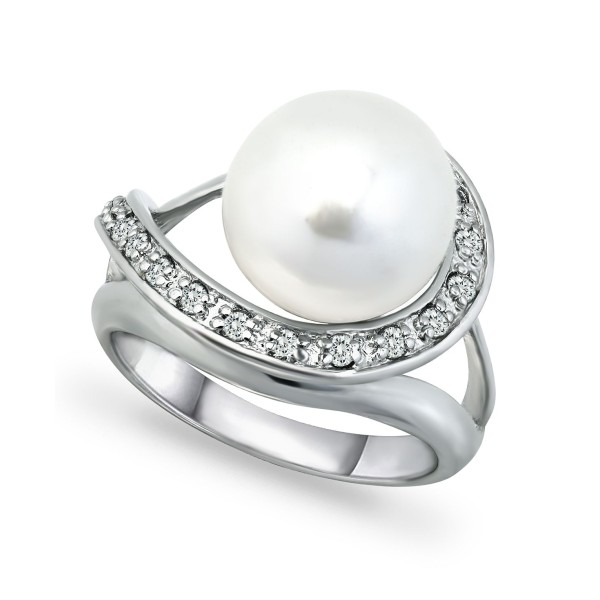 Imitation Pearl and Pave Cubic Zirconia Swirl Wrap Ring in Silver Plate