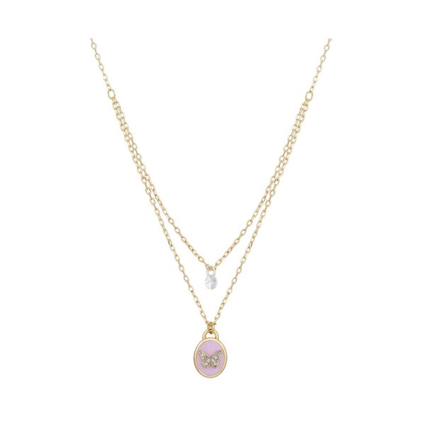 14K Gold Flash-Plated Pink Enamel Butterfly Layered Pendant Necklace