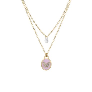 14K Gold Flash-Plated Pink Enamel Butterfly Layered Pendant Necklace 14K Gold Flash-Plated Pink Enamel Butterfly Layered Pendant Necklace