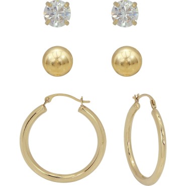 3-Pc. Earrings Set Hoop, Ball Stud & Cubic Zirconia Stud Earrings 3-Pc. Earrings Set Hoop, Ball Stud & Cubic Zirconia Stud Earrings
