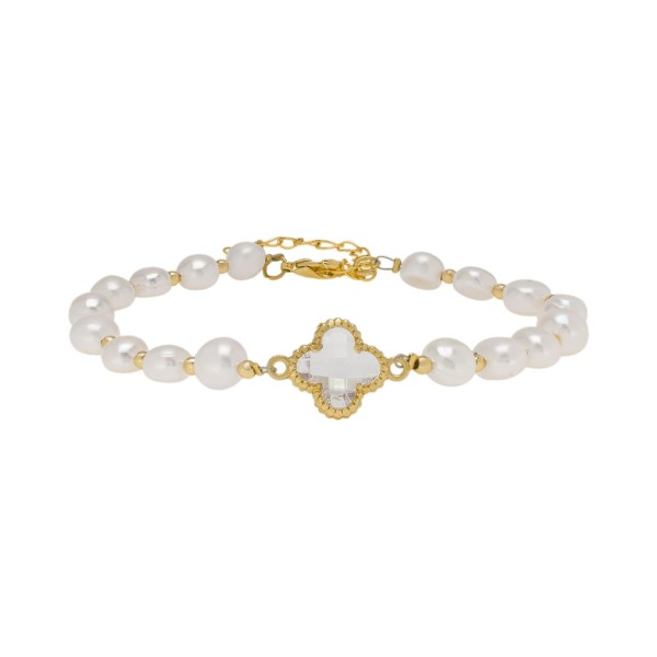 White Simulated Imitation Pearl and Cubic Zirconia Clover Bracelet