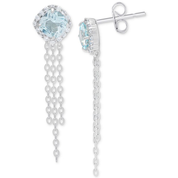 Blue Topaz (1-1/4 ct. t.w.) & White Sapphire (1/6 ct. t.w.) Cushion Halo Chain Drop Earrings in Sterling Silver